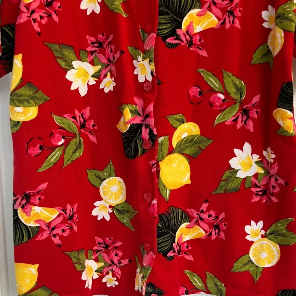 CJ Banks Women’s Red Floral Spring Lemon Short Sleeve Cardigan Size XL